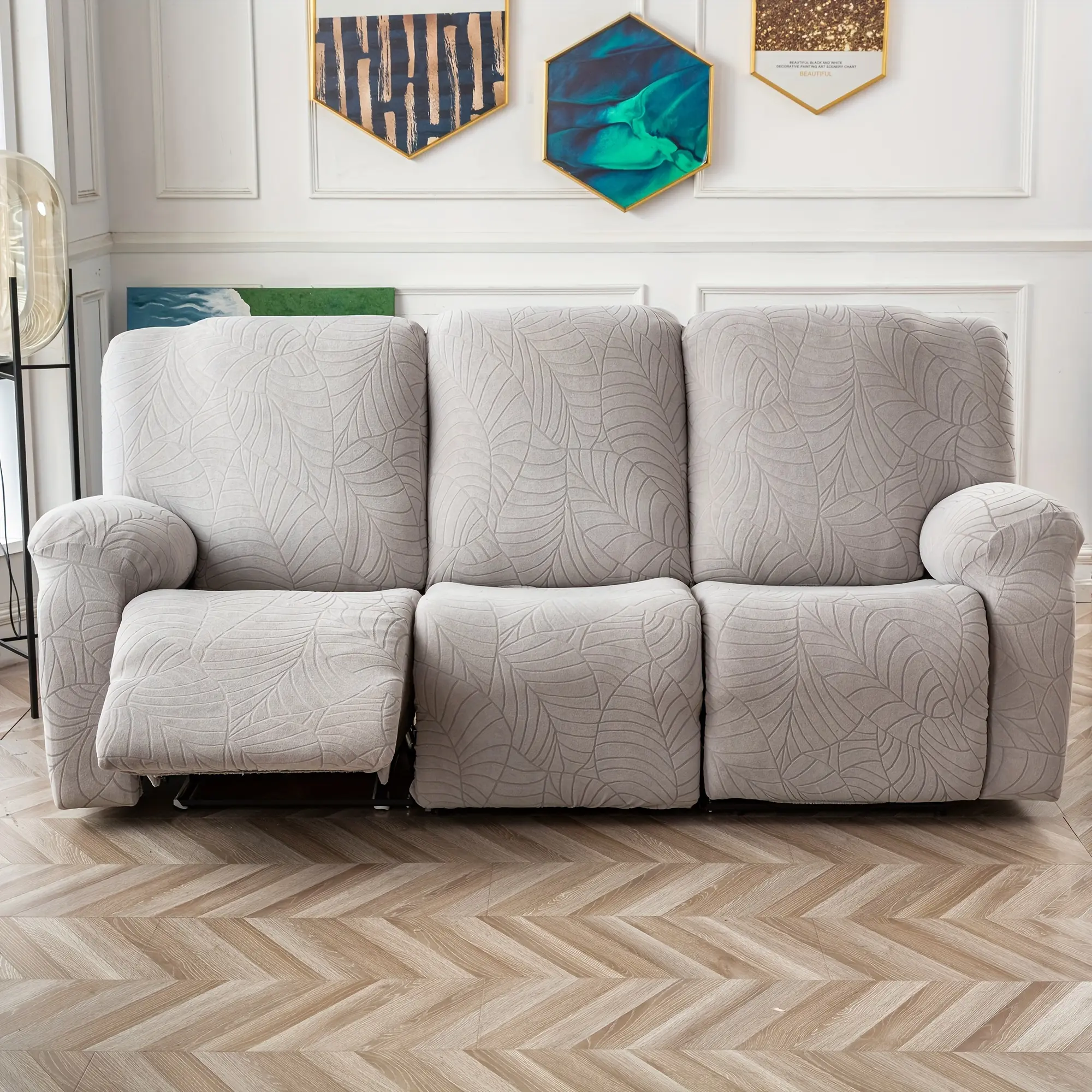 3-Seat Waterproof Recliner Cover, Leaf Pattern Jacquard Fabric Non-Slip Removable & Machine Washable Elastic Sofa Protector
