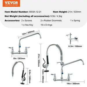 VEVOR Wall-Mounted Brass Kitchen Faucet, 21 Tall, 8 Installation Width, Includes 12 Rotating Spout and Pull-Down Sprayer, Suitable for Single, Double, or Triple Sinks