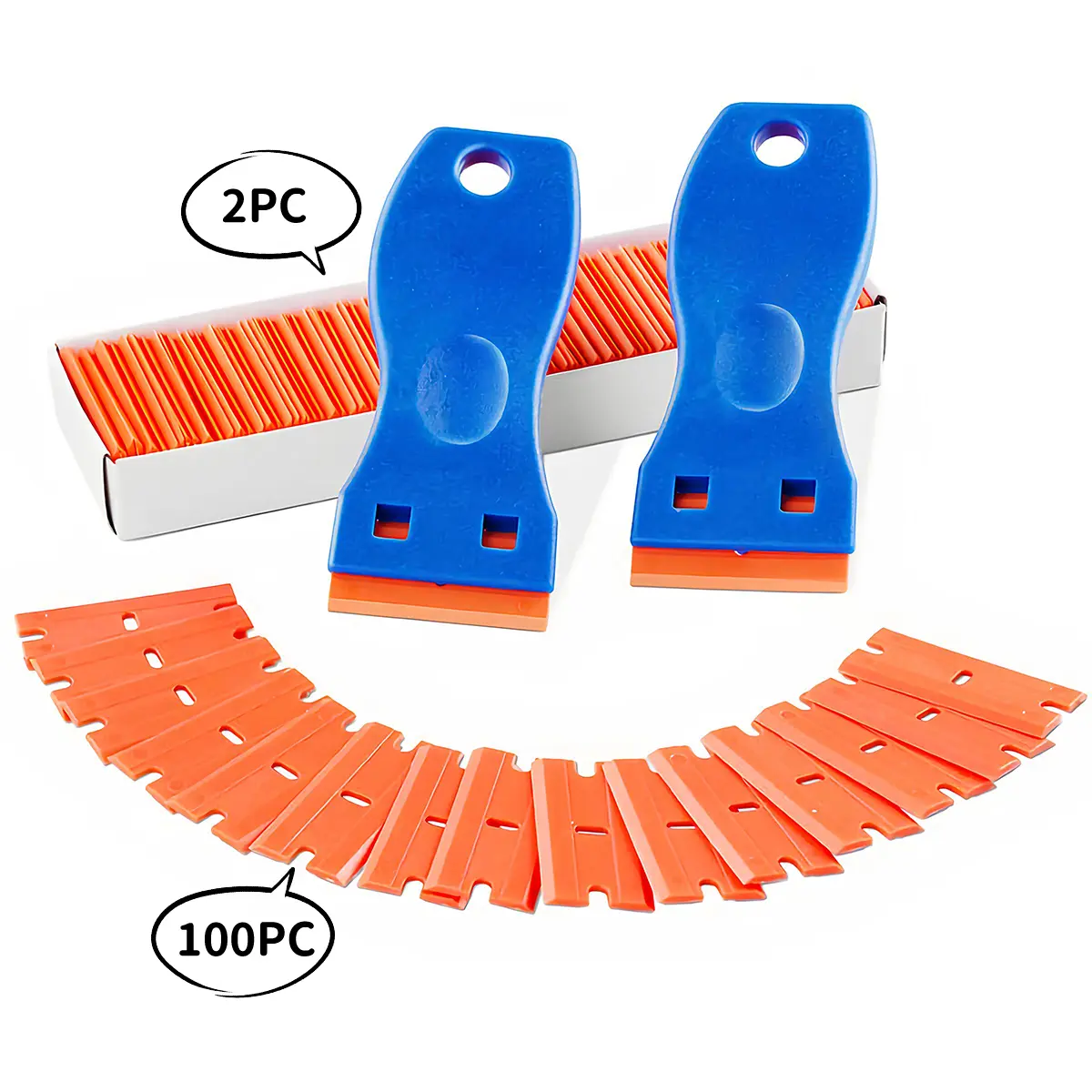 2Pcs Plastic Razor Blade Scraper and 100 Pcs Blades, Remove Label Decal Tool,Forwithout Scratches Plastic Razor Blade Scraper, Adhesive Remover for Kitchen Appliances,Stickers and Paints on Window