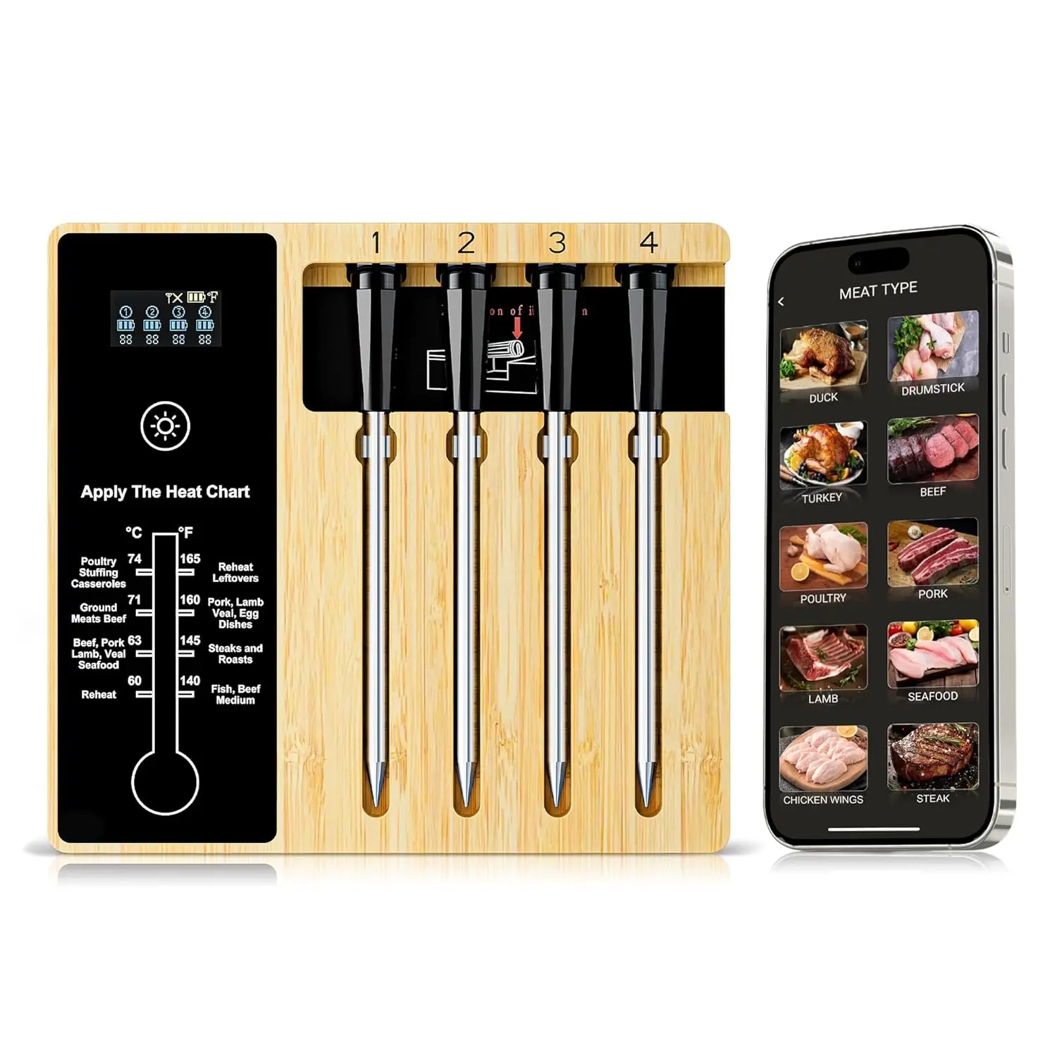 Smart Wireless Meat Thermometer 4 Probes, Bluetooth Food Thermometer, Remote Tracking and Real-Time Readings from Apps, for iOS and Android, for BBQ, Grill, Smoker