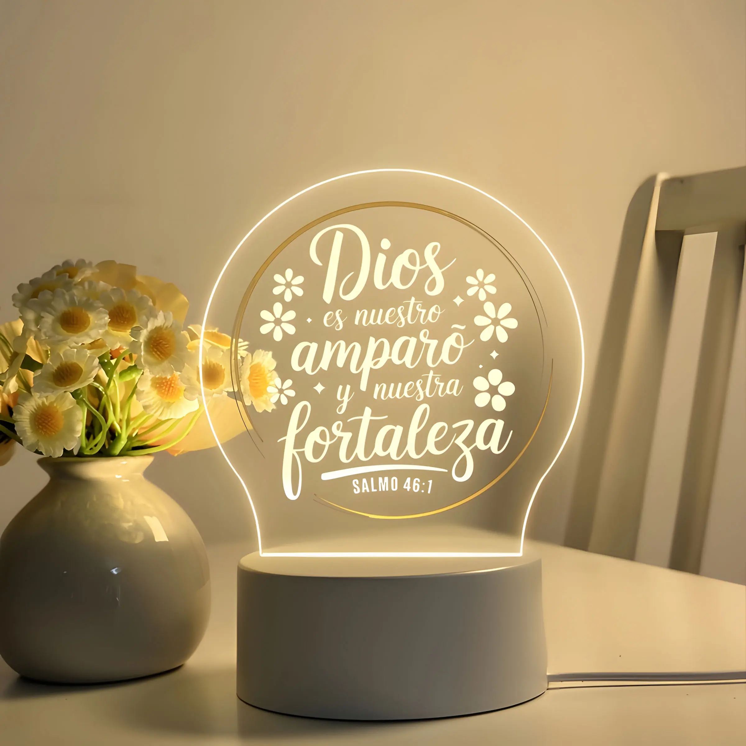 Spanish Bible Verse Night Light, Led Nightlight, Psalm 46:1 LED Table Lamp, Soft Light, Light Up, Christian Home Decor, Bedroom Office Church, Gift, Decorative Light Decor, Led Decoration Lamp, Led Lighting Light