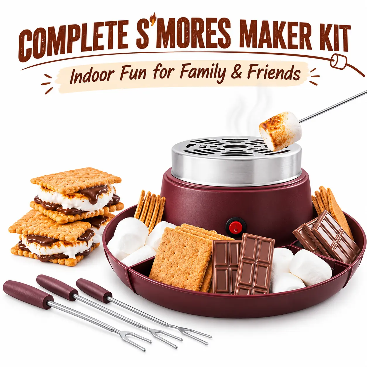 Arthink Complete S'mores Maker Kit - BPA-Free Durable Stainless Steel Flameless Marshmallow Roast Heater, 4-Compartment Serving Trays, 4 Roasting Forks, Wipe-Clean, 120V US Plug for Family Nights, Friends Gatherings