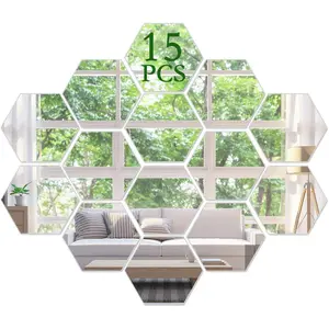 3D Hexagon Acrylic Mirror Wall Decor - Self Adhesive Tiles (15 PCS)