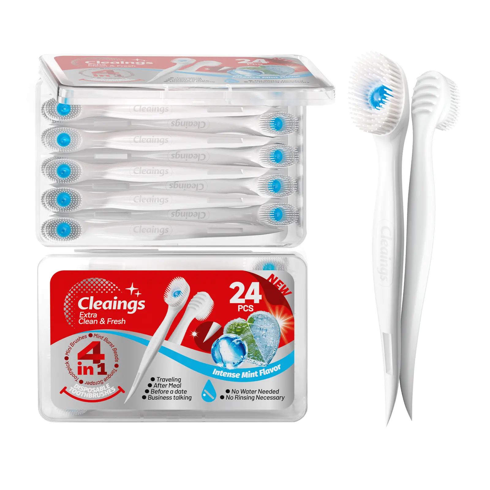 Cleaings 4-in-1 Portable Travel Toothbrush Kit, Mint Burst Bead Disposable Soft Toothbrush with Tongue Scraper & Toothpick, 24 Count Oral Care for Trip Business