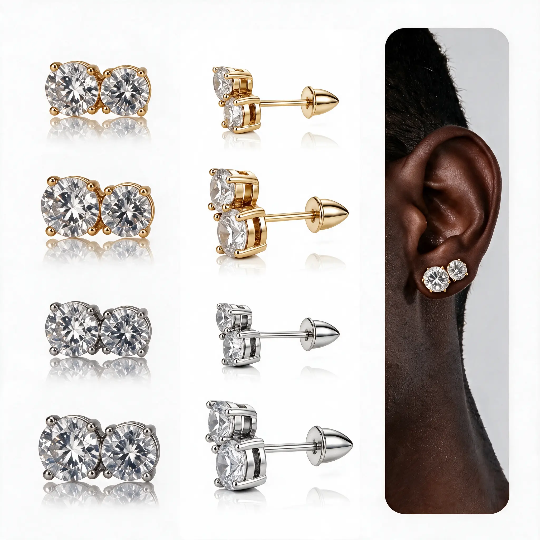 Double Stone Earrings (2 Stones 1 needle) comes in a pair for both your ears Elegant CZ Stud Earrings in Gold Plated & Silver Plated Options in 2 different sizes for Men and Women Unisex Rapper earrings hip hop jewelry