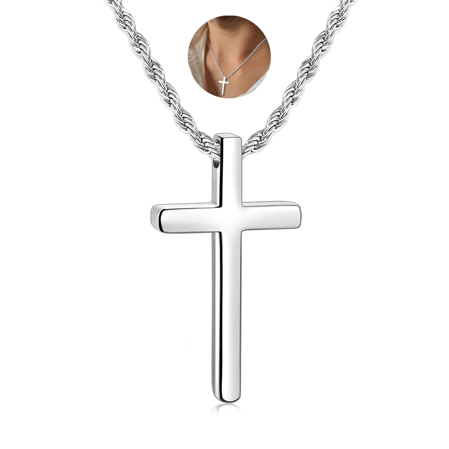 Men's 316L Stainless Steel High-Polished Christian Cross Pendant Necklace - 18-24" Rolo Chain, Hypoallergenic Jewelry, Elegant Spiritual Chain Jewelry Necklaces, Unisex Metal Coating Accessory, Daily & All Occasions Wear, Cross Necklace