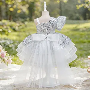 Girls Party Dress - Dazzling Silver Sequin Pageant Gown, One-Shoulder Ruffle High-Low Tutu for Birthdays & Formal Events first  communion  dress