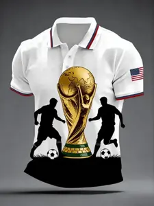 Men's Short Sleeve Polo Shirt, 2026 Football Polo, Collared Short Sleeve, Soccer Player Silhouette, American Flag Fan Sport T-Shirt, Athletic Fashion
