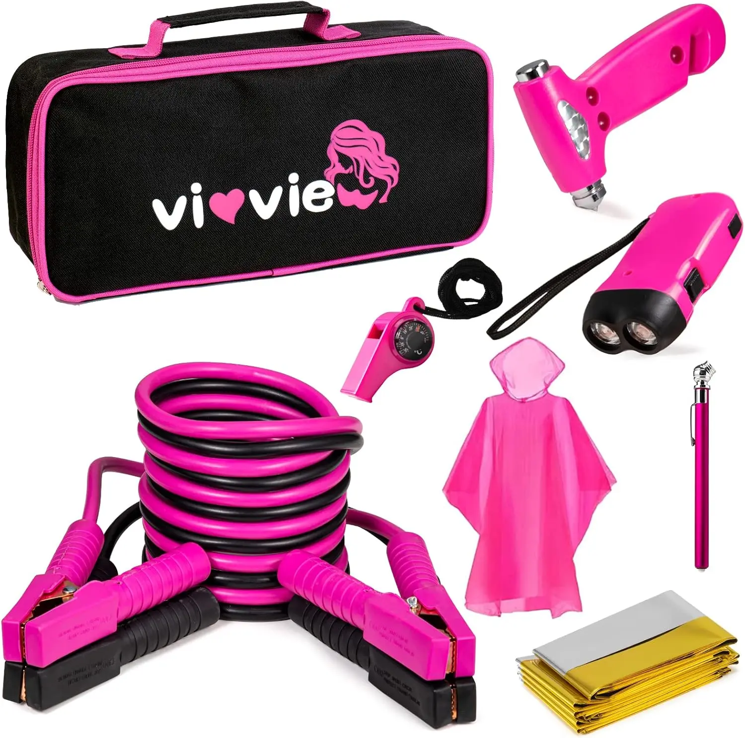 【TikTokShopBackToSchool】Roadside Emergency Car Kit for Vehicles, Car Safety Kit with Jumper Cables, Safety Hammer, Pink Car Accessories Road Trip Essentials Assistance Kit for Teen Girls Women