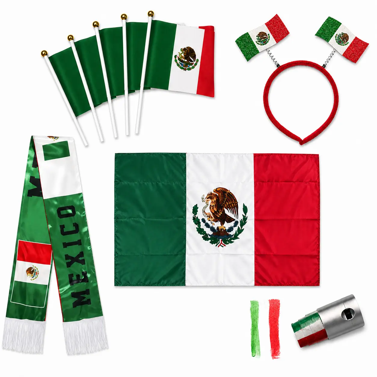 Mexico Soccer Cheer Kit - Ultimate Fan Game Day Gear Bundle with Cape, Scarf, Flags, 4 Personal Options, Ultimate Fan Kit, Fan Spirit
