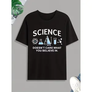 Pro Science Geeks 'Science Doesn't Care What You Believe In' Print T Shirt, Tees For Men, Casual Short Sleeve Tshirt For Summer Spring Fall, Tops As Gifts, For People Supporting Science And Scientific Method
