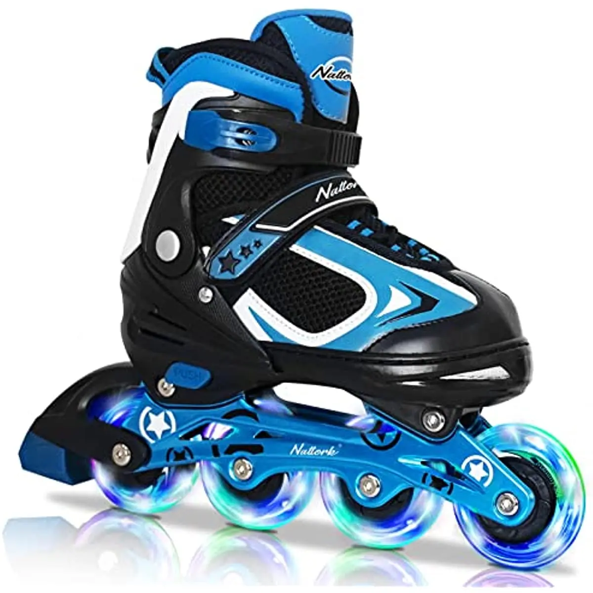 Nattork Adjustable Kids' Inlineskates - Model 139 Blue, Light-up Wheels, Mesh Design, Triple Lock, Ankle Protection, Indoor & Outdoor Sports Use, Roller Skating Shoes, Adjustable Size, High-Top Support, One-Push Change