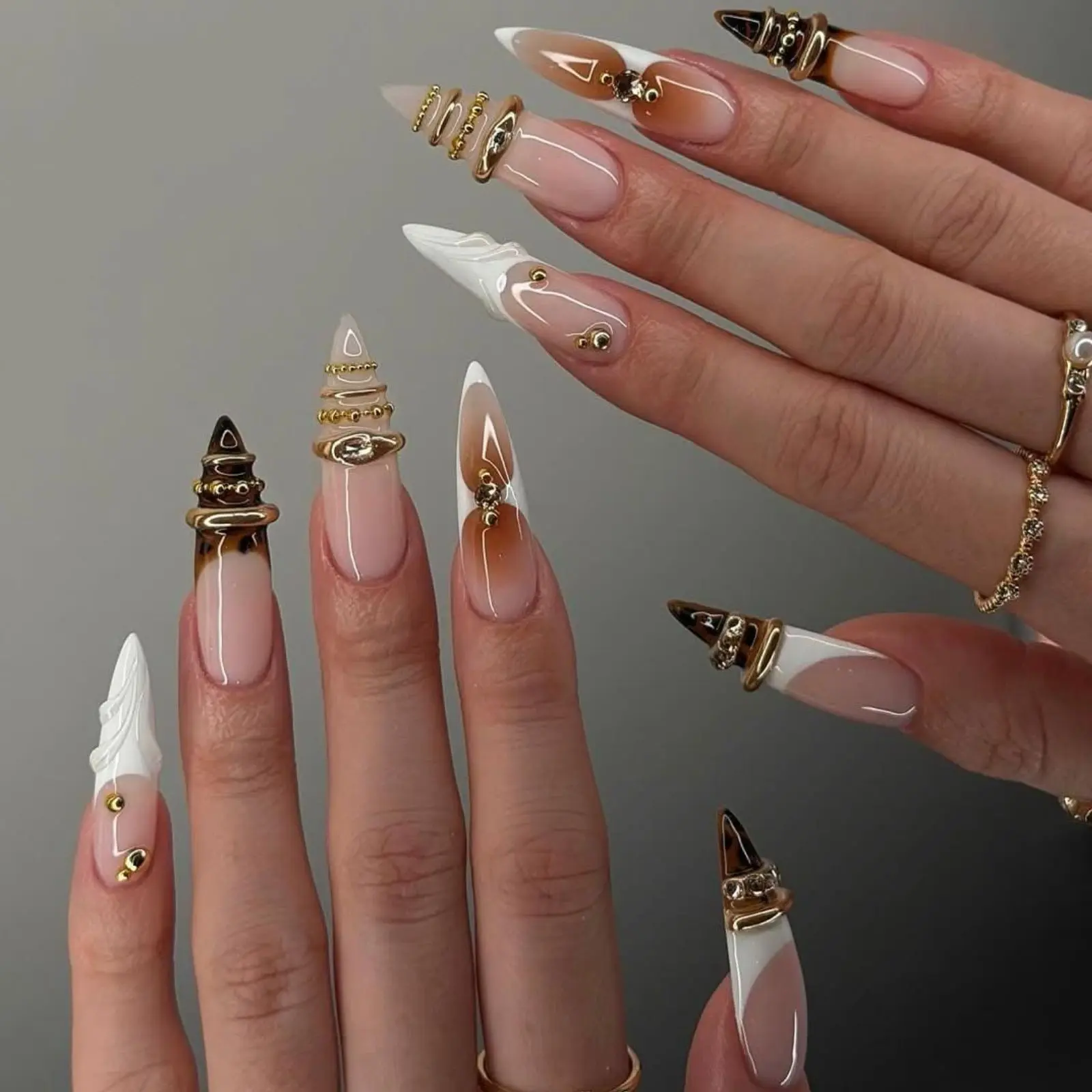 Luxury French Tip Press On Nails, Nude Brown & White Stiletto Nails with Gold Chrome, Y2K Glam Nail Set