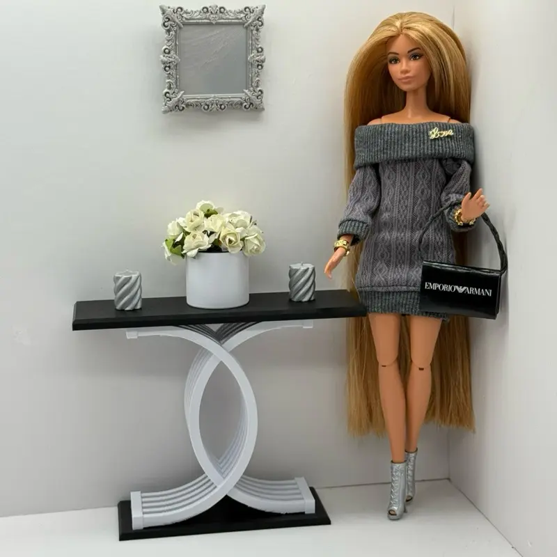️1/6 Scale Console Table with 2 candles Furniture for DollhouseDiorama Black&White.No doll️ included-