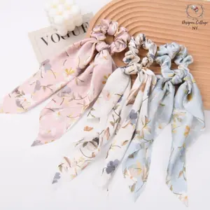 Satin Scarf Scrunchies,Flower Scarf With Knot,Satin Elastic Hair Tie with bow,Spring Hair Accessory,Valentine's Day Gifts