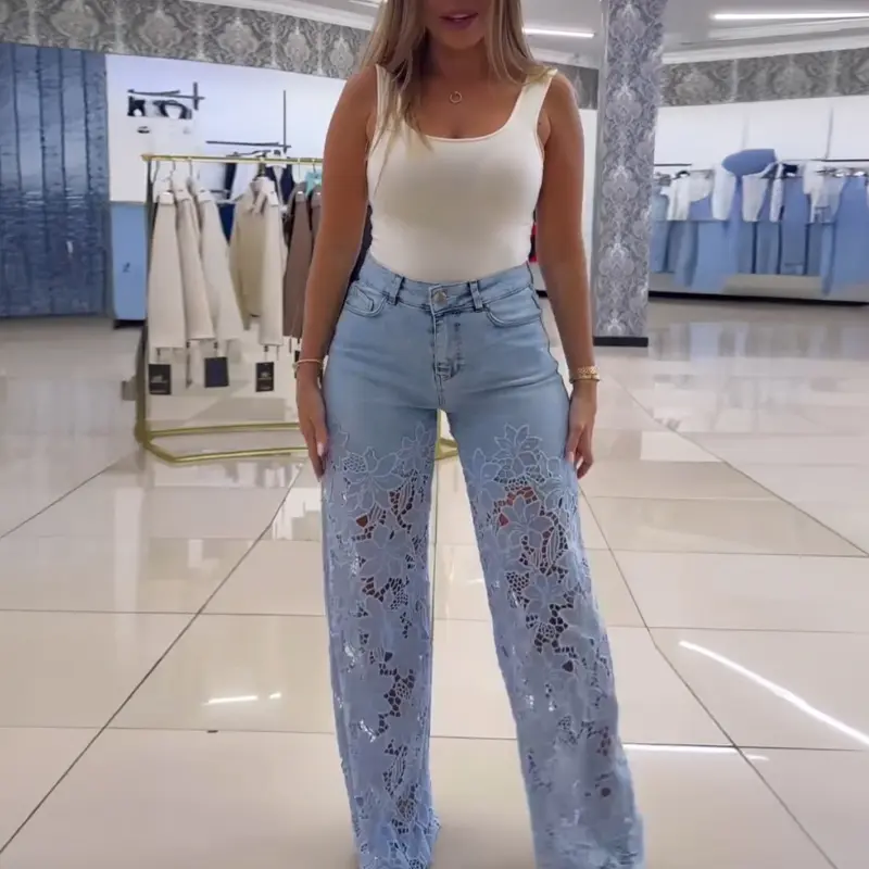 CHICME Guipure Lace Spliced High Waist Zipper Fly Wide Leg Washed Jeans Pants Bottom CHICME Guipure Lace Spliced High Waist Zipper Fly Wide Leg Washed Jeans Pants Bottom