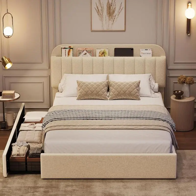 Gaomon White Contemporary Upholstered Full-Queen Bed Frame - Boucle Upholstered Headboard and Storage, 2 Drawers, Bookcase Design, Sturdy Engineered Wood Platform, No Box Spring, Includes Hardware, Contemporary Upholstered Bed