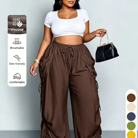 Women's High-Waisted Harem Pants, Casual Pleated Drawstring, Wide Leg Trousers, Bottom