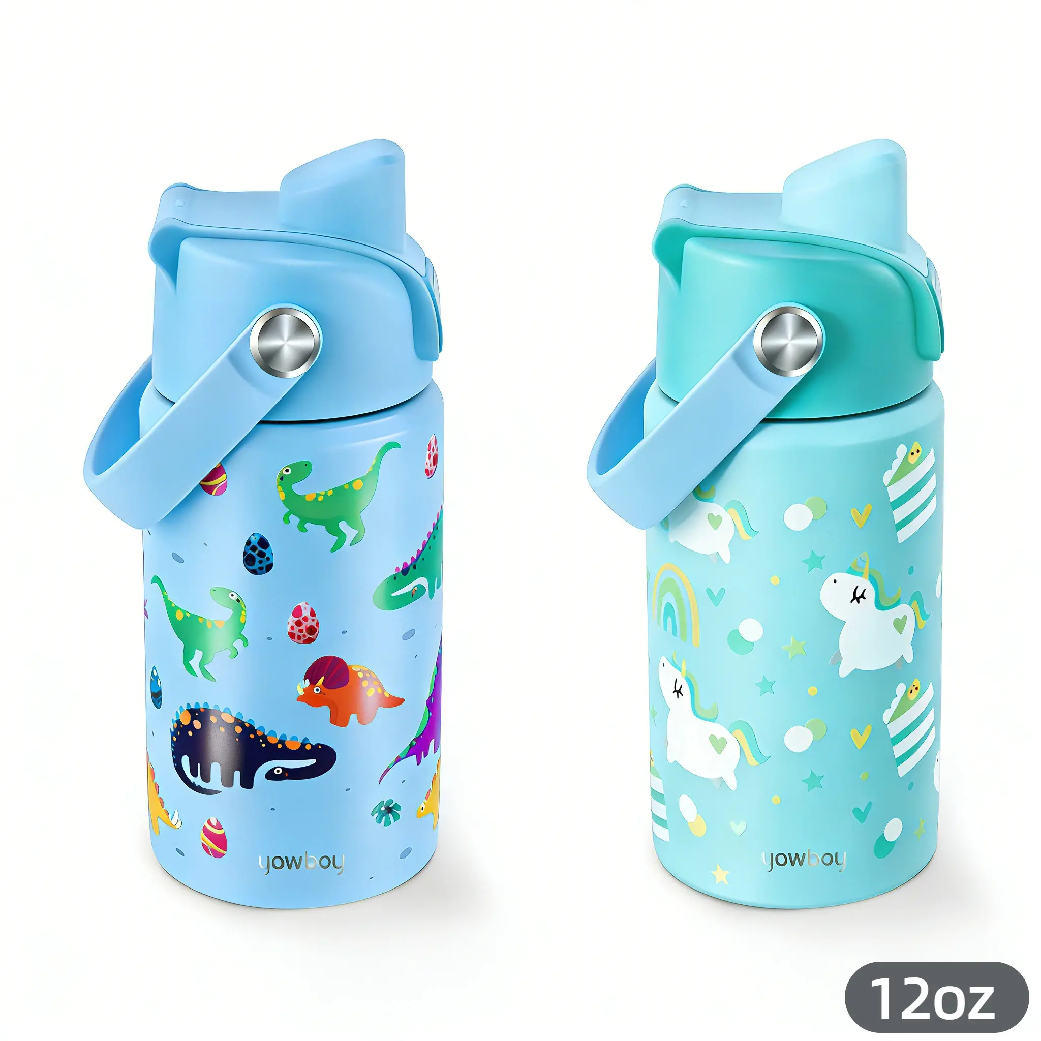 Yawbay Dinosaur Insulated Kids Vacuum Flask, 12/18oz Leak-Proof Toddler Tumbler with Straw, Glow Holes, Stickers & Dinosaur-Flower Design, Portable Drinkware for Boys/Girls, Dinosaur 12Oz