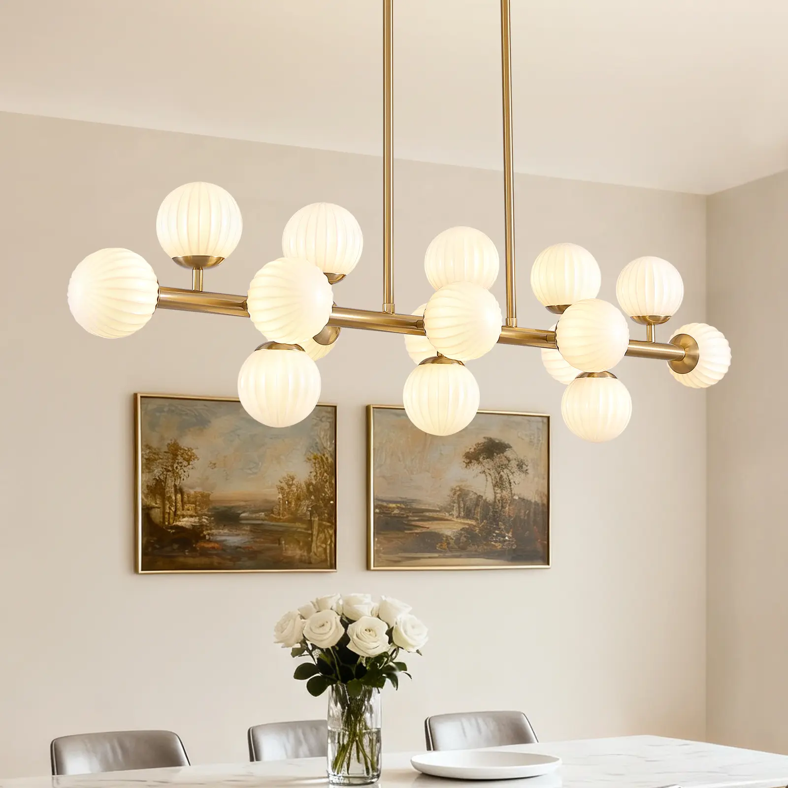 47.8" Brass Linear Chandelier, 16 Lights Mid Century Modern Sputnik Chandelier, Large Pendant Lights Kitchen Island with White Glass Lampshade, Bubble Chandelier for Kitchen Over Table - Gold Dimmable Ceiling