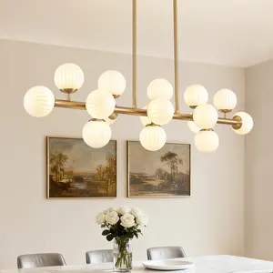 47.8" Brass Linear Chandelier, 16 Lights Mid Century Modern Sputnik Chandelier, Large Pendant Lights Kitchen Island with White Glass Lampshade, Bubble Chandelier for Kitchen Over Table - Gold Dimmable Ceiling