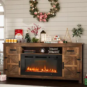 【2 Boxes Shipped At Different Times】Fireplace TV Stand with Barn Door for TVs up to 80", Farmhouse 70" Fireplace Entertainment Center with Storage Cabinets, White TV Stand and Black Fireplace White & Brown,