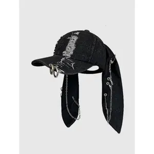 Y2K Post-Apocalyptic Bunny Ear Denim Baseball Cap, Dark Punk Style Photo Hat, Hole Design, Street Fashion for Women, Distressed Hat
