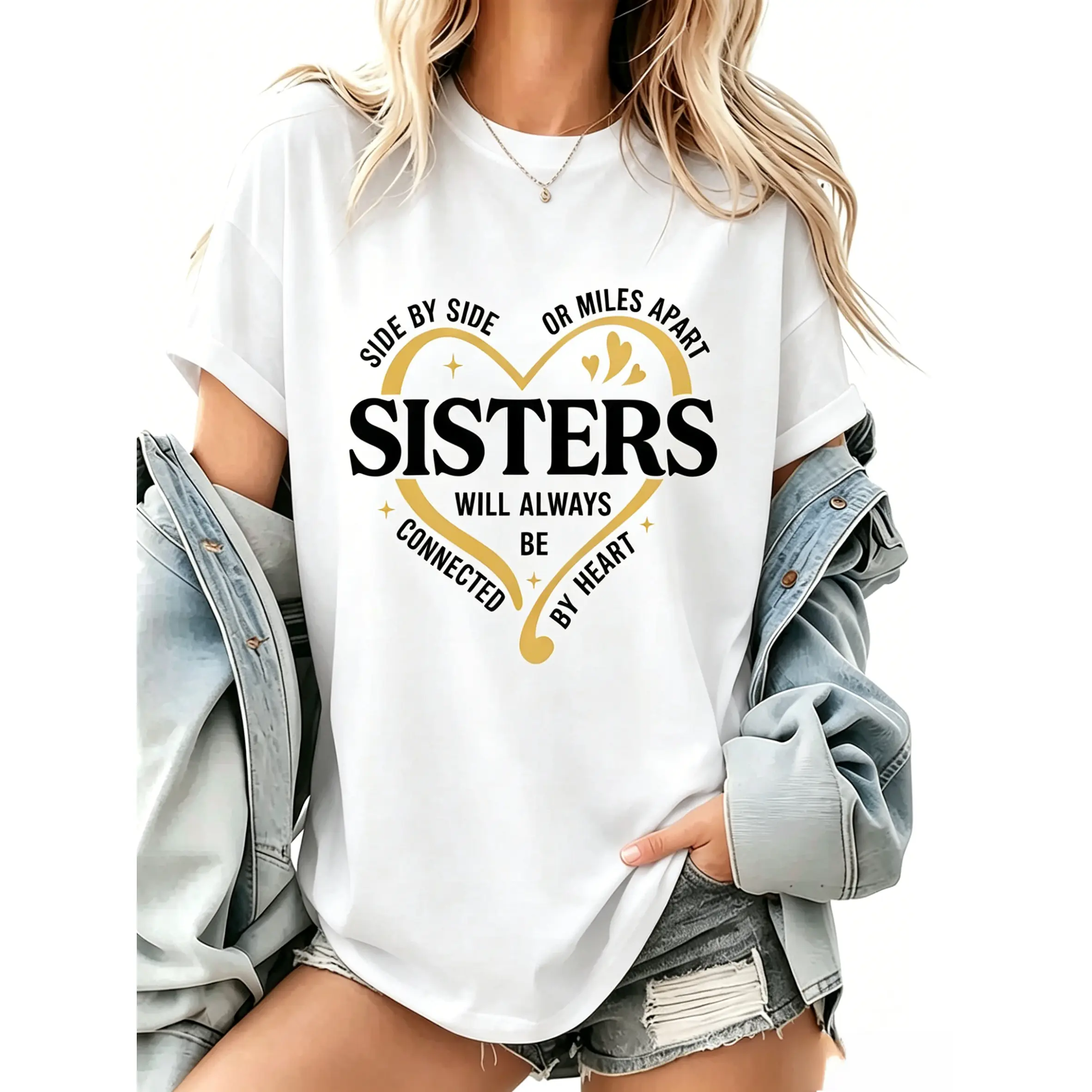 Side By Side Or Miles Apart Sisters T-Shirt, Sister Trip Shirt, Sister Vacation Matching Outfit, Weekend Trip Shirts For Sisters, Matching Sisters Shirt.,Women's fashion,summer Women's clothes,T-shirt
