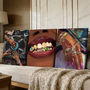 3 Counts Wooden Framed Canvas Painting, Stylish Hip Hop Jewelry Art Images, Exquisite Poster, Graphic Prints, Perfect Living Room Decoration, Artistic Modern Art, Fashion Family Poster, Wall Art Decoration, Waterproof Art