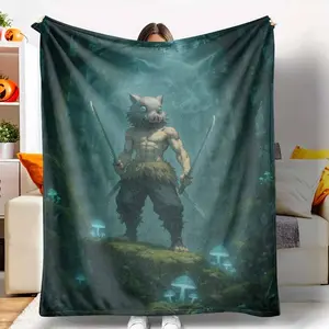 Boar Warrior Forest Flannel Blanket， Fantasy Samurai Illustration Print， Soft Warm Durable Cozy Throw for Bedroom Sofa Camping Gifts Home Decor tiktokshopspringglowup