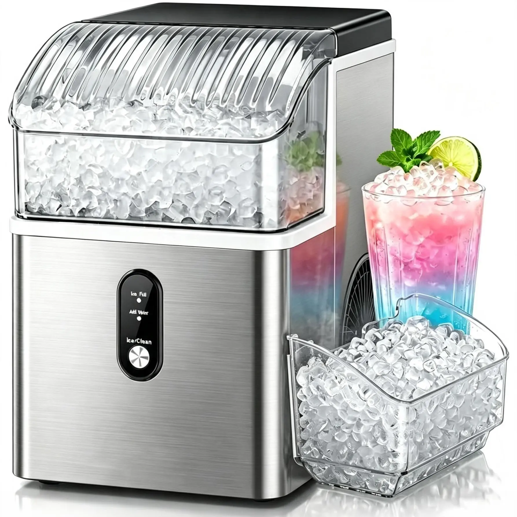 COWSAR Nugget Ice Maker Countertop, Soft Chewable Nugget Ice Cubes Machine, One-Button Quick Ice Making 34Lbs/Day, Self-Cleaning, Portable Stainless Steel Ice Machine Icemachine Icemakermachine