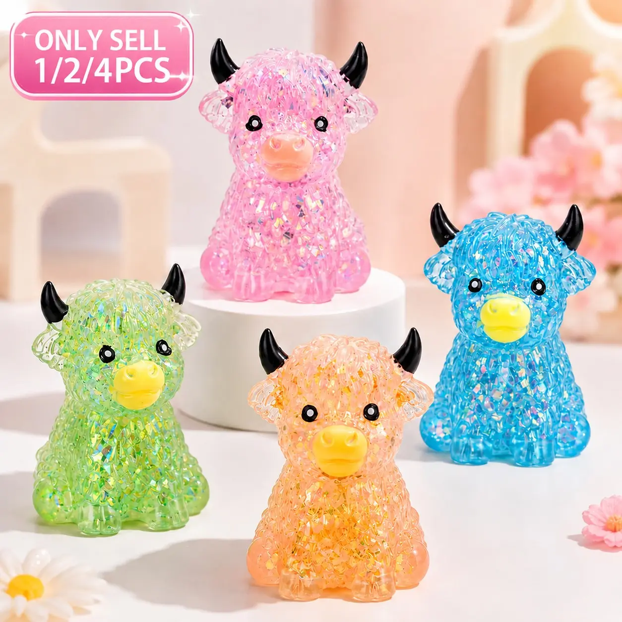 Highland Cow Squishy, 1/2/4 PCS Mini Cute Animal Decompression Squeeze Toy for Adults, Slow Rising Sensory Fidget Stress Ball for Anxiety Relief, Glitter Highland Squishies Fidget Toy for Cow Lover and Animal Lovers, Squishy Fidgets