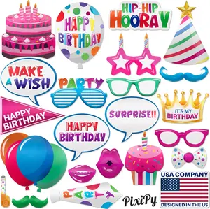 PixiPy Birthday Photo Booth Props Kit - 22 Piece Multicolored Party Accessories for Adults and Kids - Funny Selfie Props for Birthday Photo Shoots and Celebrations