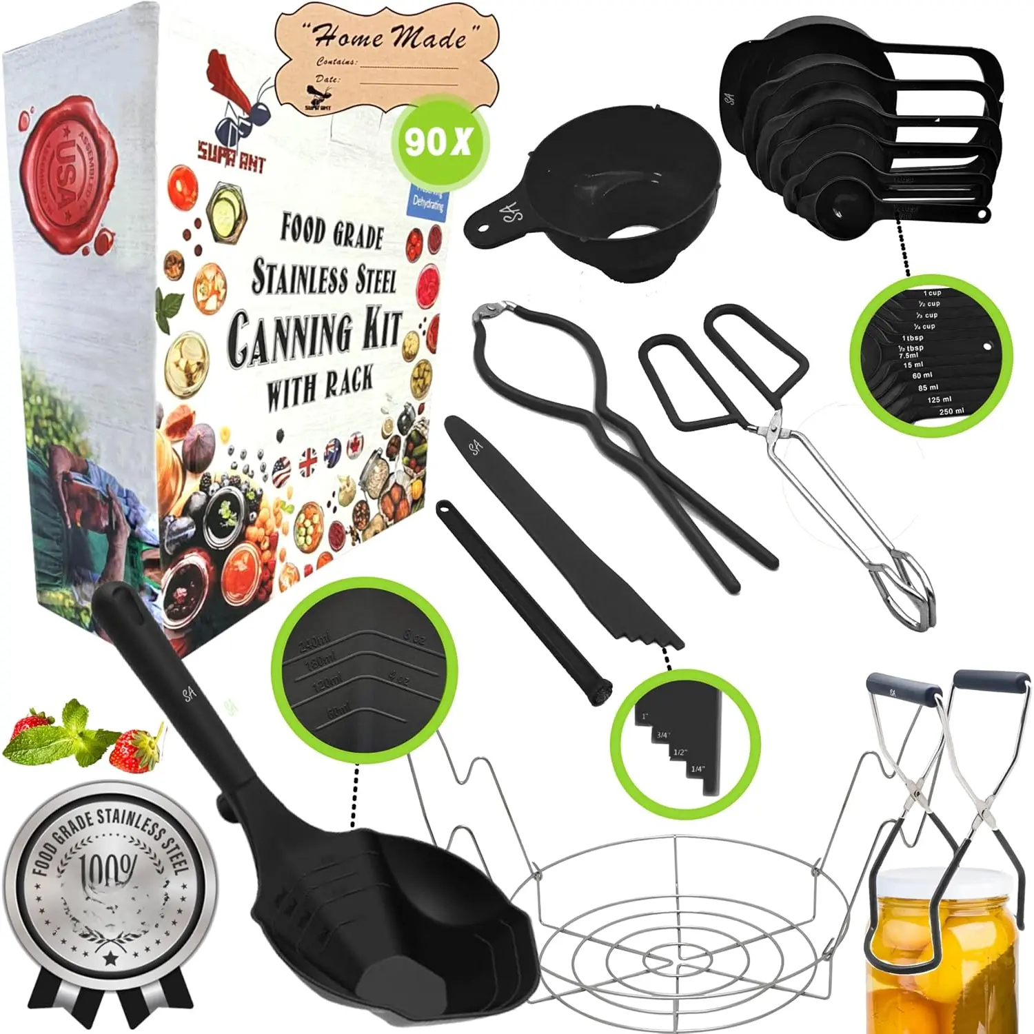 Black Canning Supplies Starter Kit-10 pc Canner Accessories with Canning Rack for Jars, XL Ladle, Wide Mouth Jar Funnel, Jar Lifter & Wrench, Bubble Popper/Measurer, Lid Lifter,Kitchen Tongs