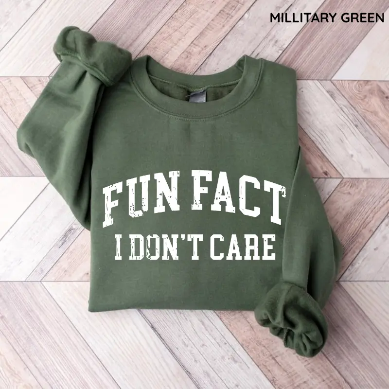Fun Fact I Don't Care Funny Sweatshirt, Sarcastic College Sweatshirt, Women's Crew Neck Top