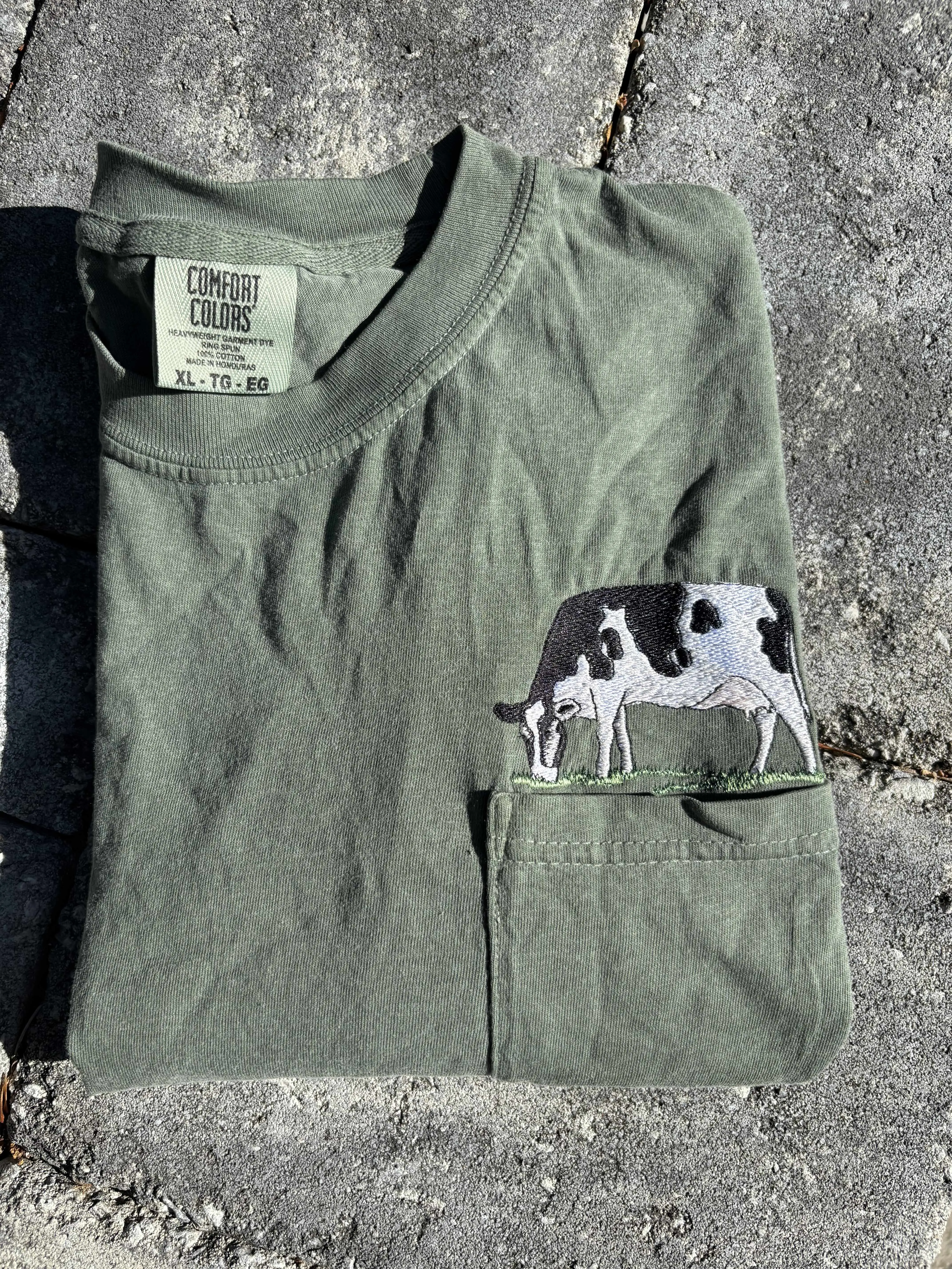Cow Embroidered Comfort Colors Pocket Tee Casual Comfortable