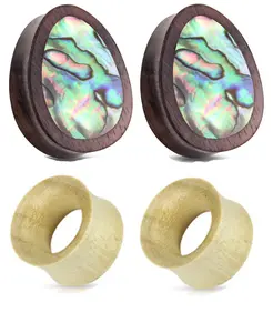 2 Pair Abalone Shell Inlay Teardrop Plugs and Wood Tunnels Ear Gauges 0g-5/8"