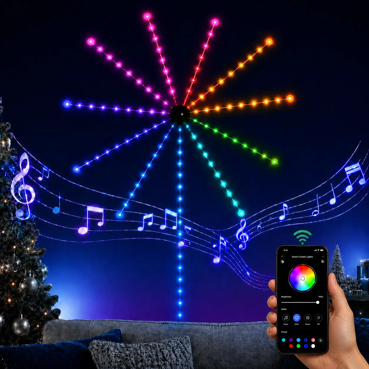 Smart Music Firework LED Strip Lights - Color Changing, Waterproof, Adjustable RGB, Multiple Modes, Mood Lighting, Everyday Ambient Lighting, Party Decor for Bedrooms & Christmas Home Enhancement