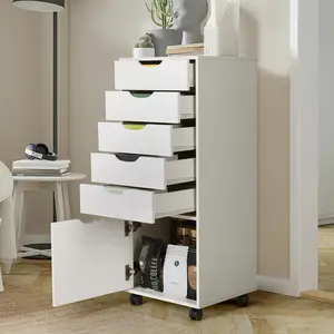 VOWNER 5-Drawer Organizer with Door, Tall Chest of Drawers with Caster Wheels, Alex Drawers File Vanity Storage for Home, Office, Bedroom