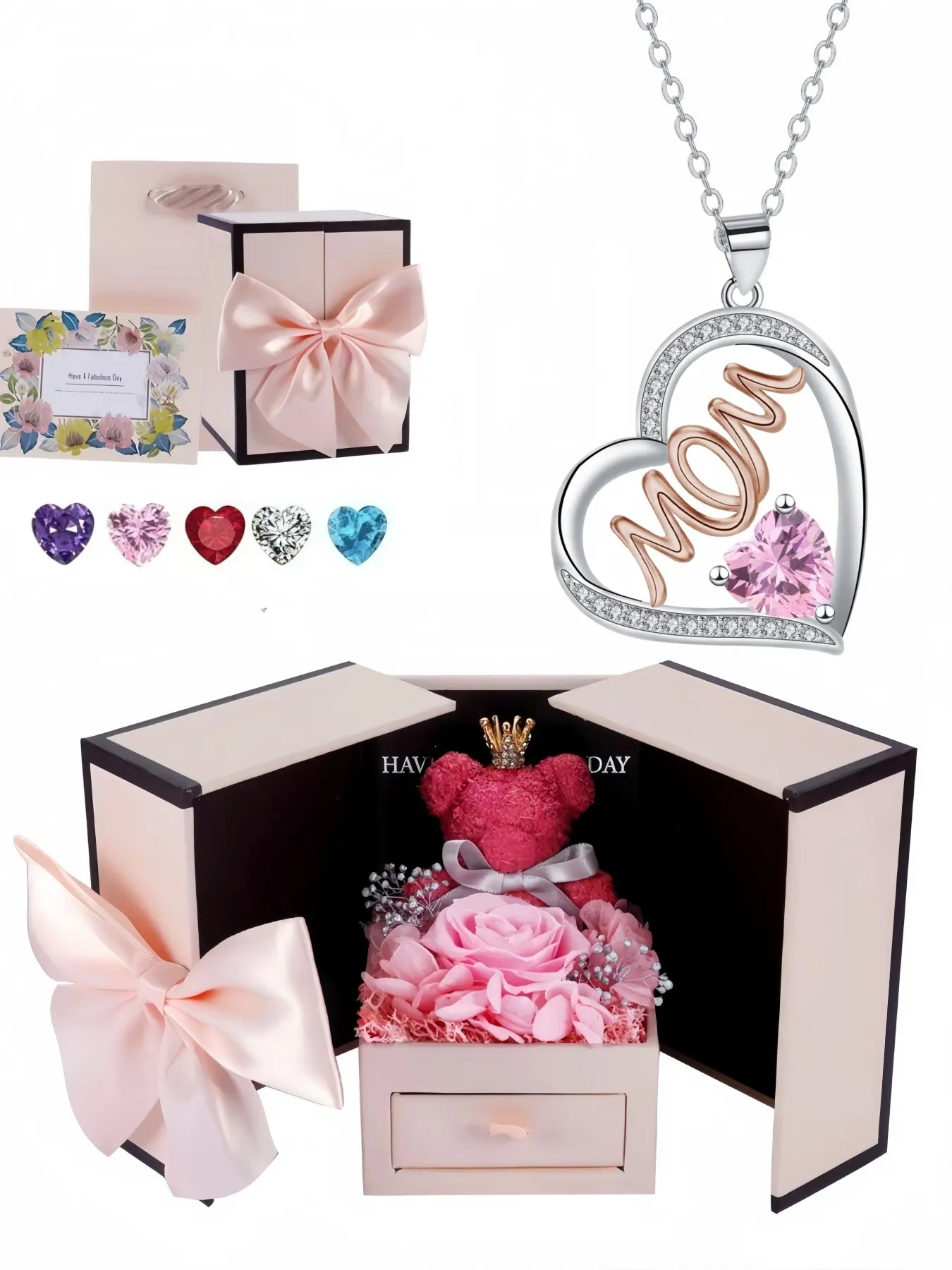 Dual Heart Mom High-end MOM heart-shaped gem necklace Heart Shape Pendant.Paired with a preserved rose & teddy bear jewelry gift box.Perfect mysterious gift for festivals, birthdays, Valentine's Day, Mother's Day and Christmas.