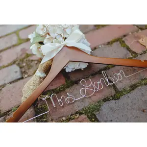 'Bride' Wedding Dress Hanger - Personalized Solid Wood Bridal Hanger with Wire Text in Gold/Silver - Walnut Wood - Wedding Organizer