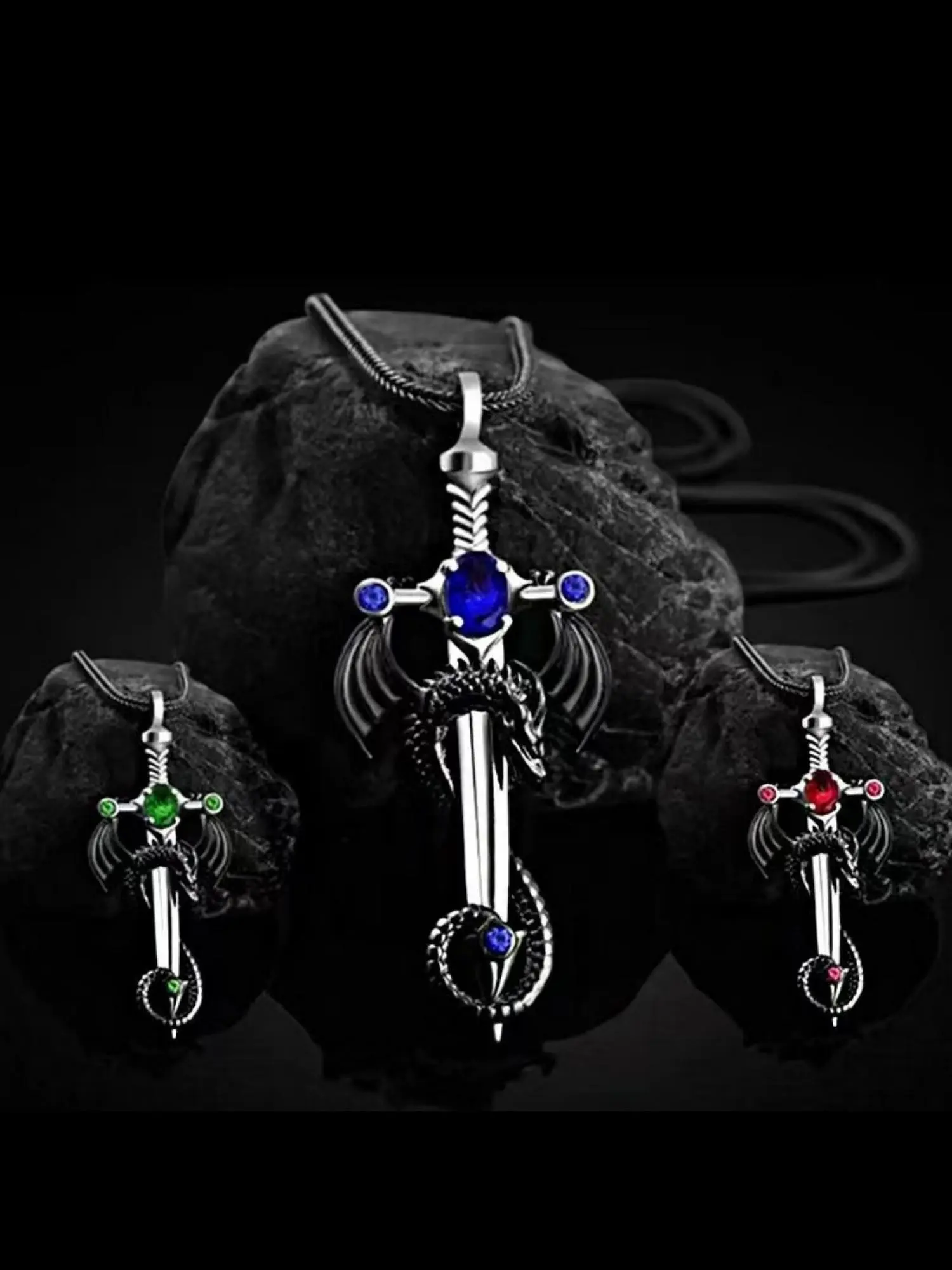 Trendy Vintage Multicolor Gemstone Dragon Sword Pendant Necklace, Fashion Stainless Steel Chain, Hip Hop Punk Jewelry, Alloy Necklace, Chain Necklaces