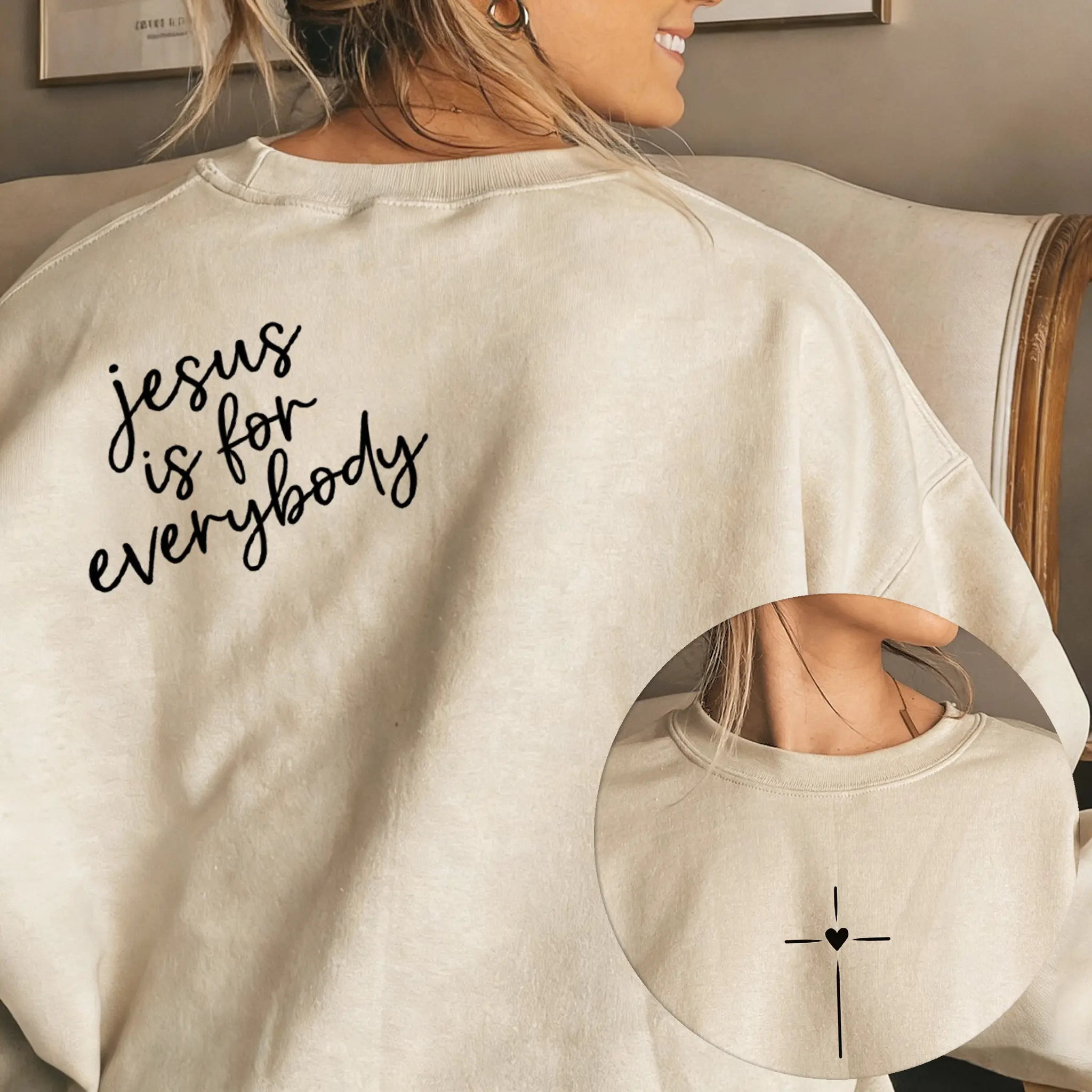Women's Christian Faith "Jesus Is For Everybody" Graphic Hoodie & Oversized Crewneck Sweatshirt, Comfortable Everyday Long Sleeve Fabrics T-shirt, Tops, Prints,back to school,back to school shopping, Longsleeves