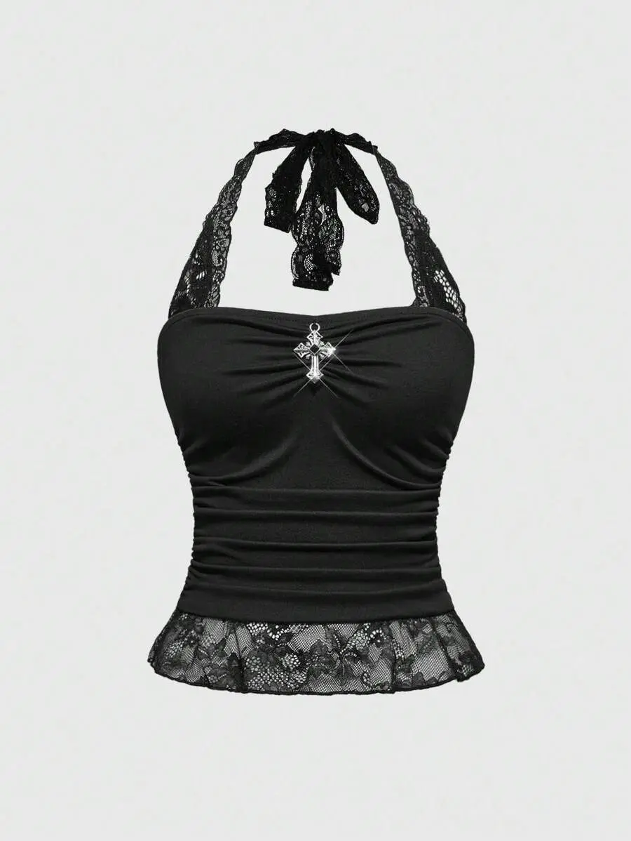 SHANIAH Gothic Y2K Sexy Contrast Lace Halter Crop Top With Cross Waist Ruched Bodycon Design