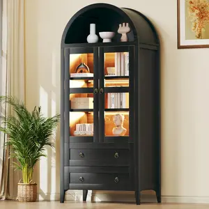 71" Tall Arched Kitchen Pantry, Pantry Cabinet, Kitchen Storage Cabinets with 2 Large Drawers & Adjustable Shelves & Glass Door for Living Room, Dining Room, Black