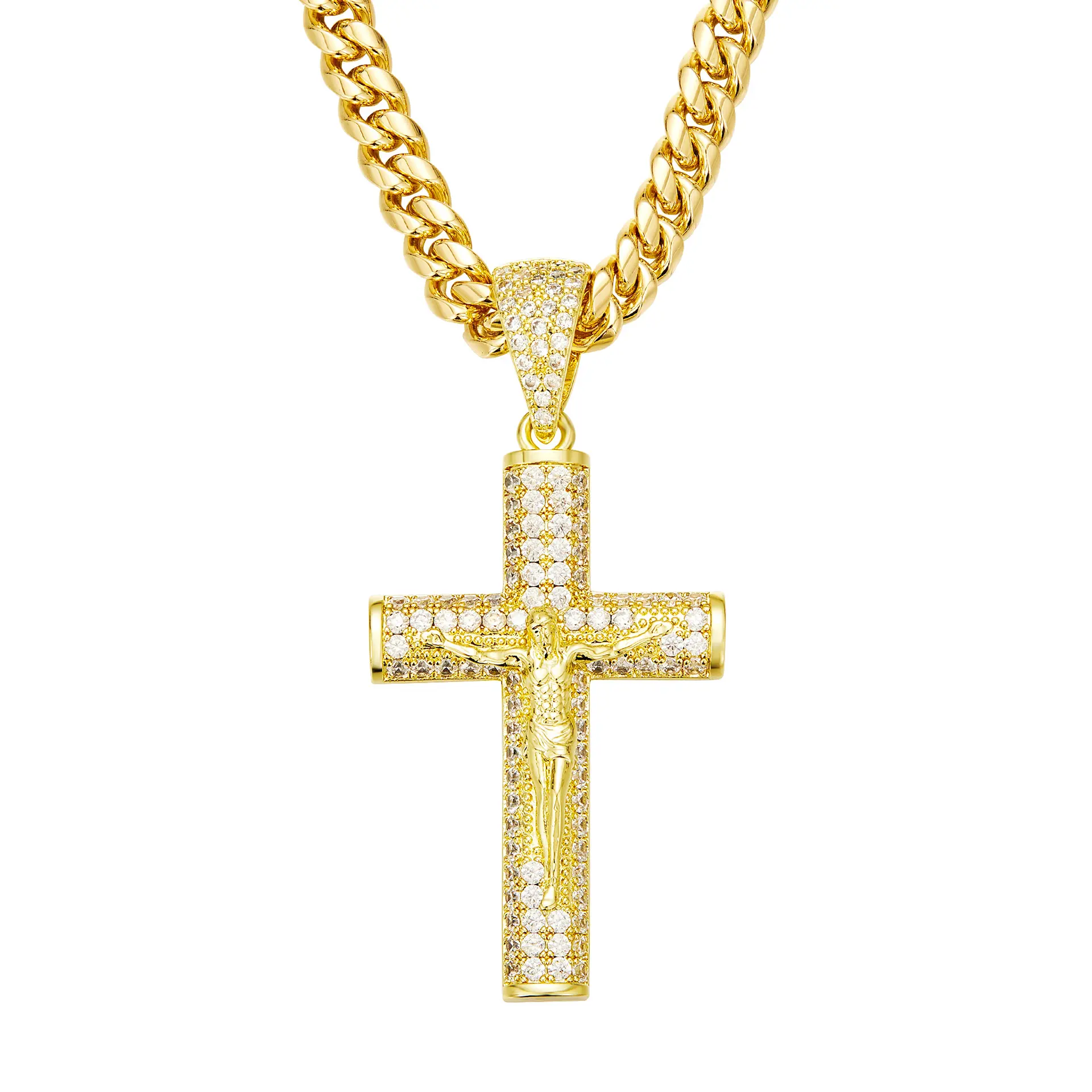 Holylegend 14K Real Gold-Plated Cross Necklace for Men, Advanced Nanotech Tarnish-Free Cuban Figaro Rope Miami Chains with Jesus Crucifix Pendant, 24" Long , Christian Religious Jewelry Gift Diamond cross pendant