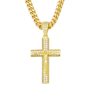 Holylegend 14K Real Gold-Plated Cross Necklace for Men, Advanced Nanotech Tarnish-Free Cuban Figaro Rope Miami Chains with Jesus Crucifix Pendant, 24" Long , Christian Religious Jewelry Gift Diamond cross pendant