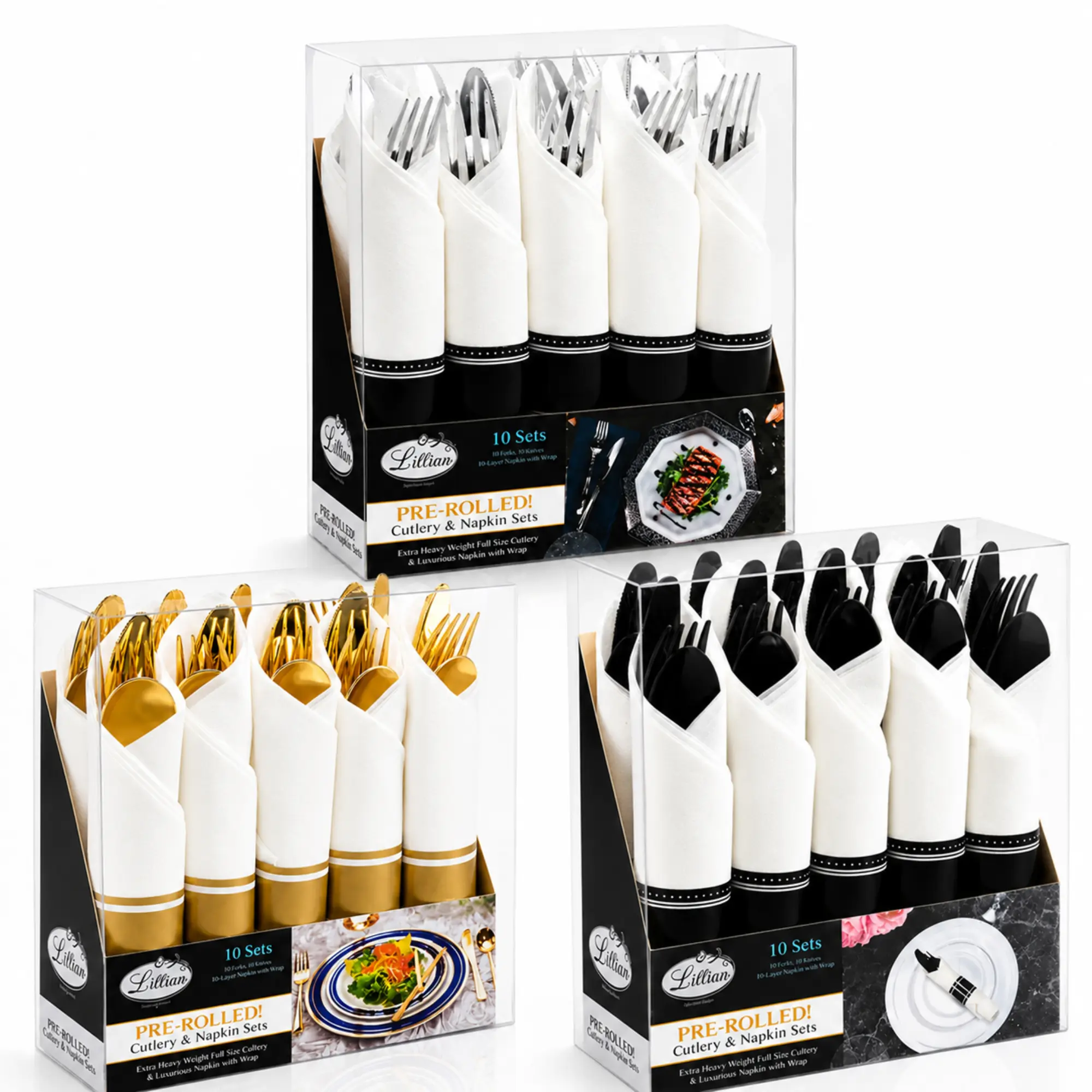 VeZee Pre-Rolled Plastic Cutlery Combo with Spoon, Knife, Fork & Napkin | Gold, Silver & Black Disposable Flatware Set | Individually Wrapped for Weddings, Parties, Catering, Picnics & Events (Pack of 1)