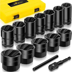 Large Lug Nut Remover Set 17-36mm, 1/2" Drive Wheel Lock Removal Tool, Bolt Extractor Kit for Stripped, Damaged, Rounded Spindle Axle Nut, 14-Piece