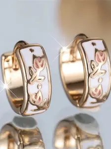 Cute Female Pink Enamel Flower Hoop Earrings Fashion Gold Color Wedding Jewelry For Women